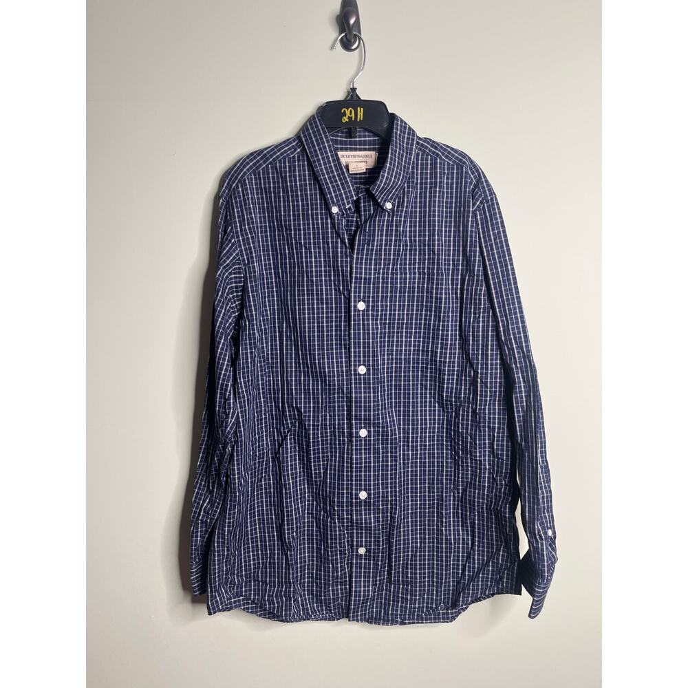 Duluth Trading Co Navy Wrinklefighter Trim Fit Button Up Shirt Large